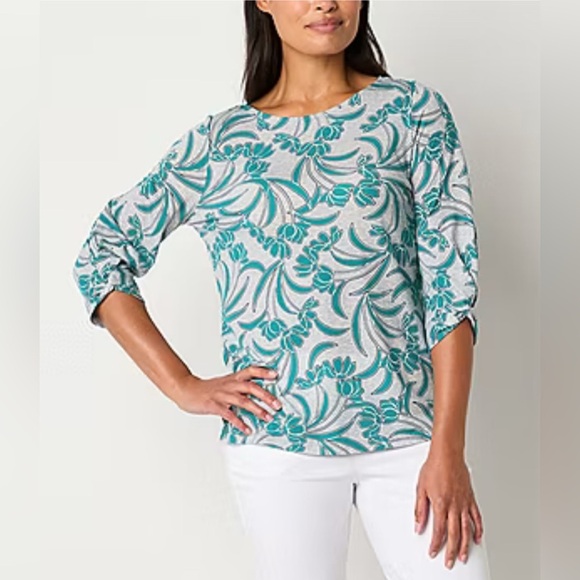 Liz Claiborne Twist 3/4 Sleeve Womens Round Neck Blouse XXL Gray Teal Floral NWT - Picture 1 of 12